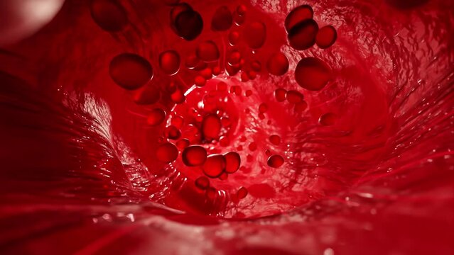 Blood vessels which red objects or molecules move. Science and medicine concept or Abstract background. Animation, 3D Render.