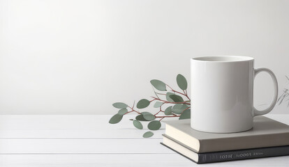 A white wooden table with a eucalyptus branch, a stack of books, and a white ceramic mug. Product display, presentation. Copy space for text, advertising, message, logo - Powered by Adobe