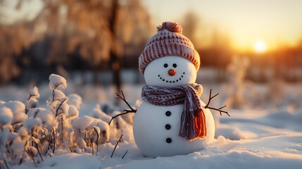 Obraz premium Happy snowman in winter scenery as a symbol of Christmas and New Year holidays in the beautiful light of sunset with copy space. A snowman in a cap and a scarf.