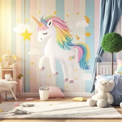 Design of a children's room for a girl in pastel colors on the theme of a Magical Unicorn....