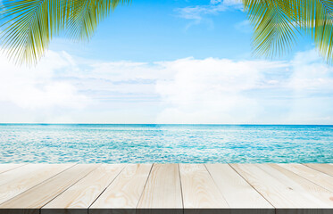 Sea Summer Table Background Display Wood Mockup Product Beauty Cosmetic on Blue Water Ocean with...