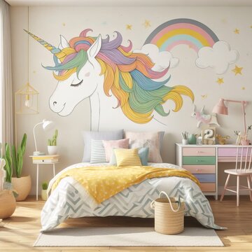 Design of a children's room for a girl in pastel colors on the theme of a Magical Unicorn. Beautiful interior photo.