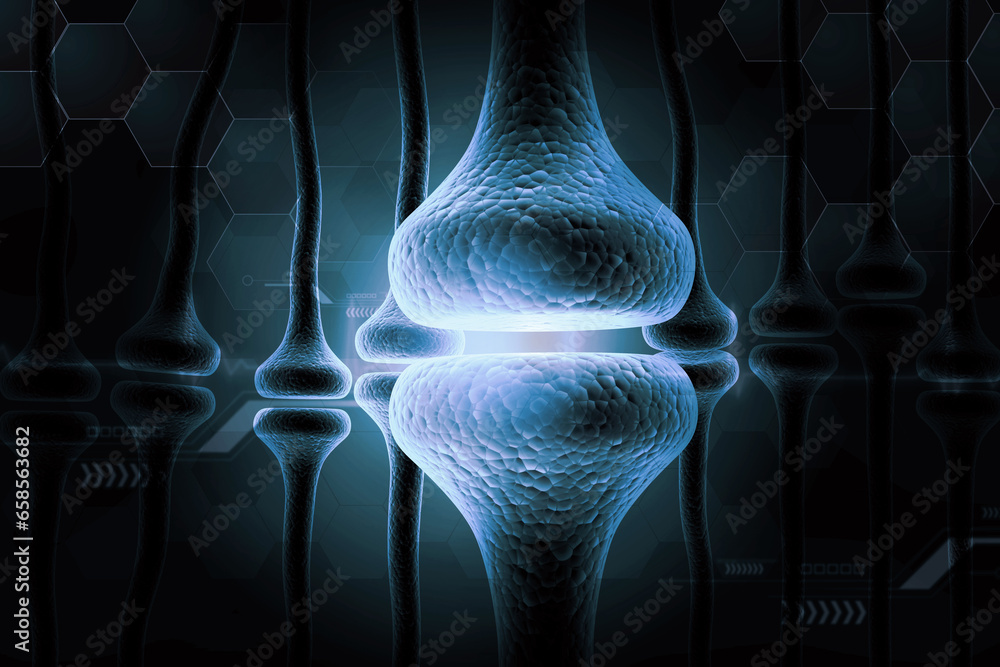 Poster neuron cells on blue color background. 3d illustation..