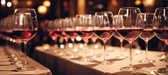 a line of wine glasses. Wine tasting celebration at the buffet table. Concept of celebration, nightlife, and entertainment. wide-screen, horizontal banner format
