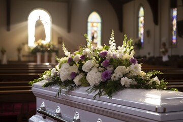 closeup shot of a colorful casket in a hearse or chapel before funeral or burial at cemetery