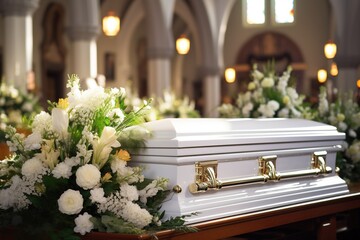 closeup shot of a colorful casket in a hearse or chapel before funeral or burial at cemetery - obrazy, fototapety, plakaty