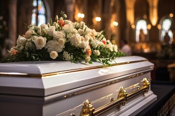 closeup shot of a colorful casket in a hearse or chapel before funeral or burial at cemetery - obrazy, fototapety, plakaty