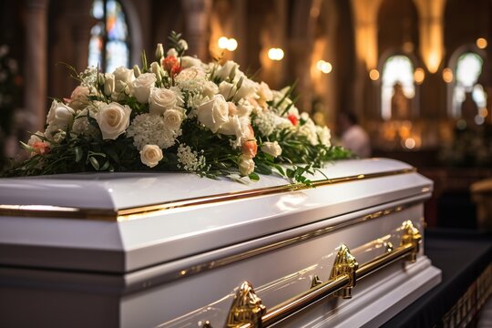 closeup shot of a colorful casket in a hearse or chapel before funeral or burial at cemetery