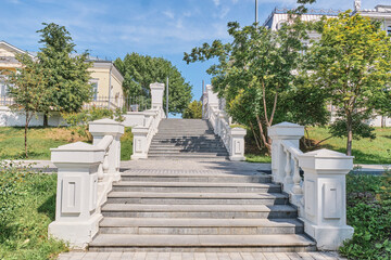 Staircase with stone balustrades in historical park Black Lake, Kazan, Russia.