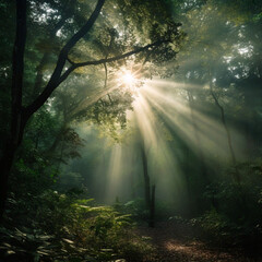 the sun breaks through the trees in the forest, AI Generated