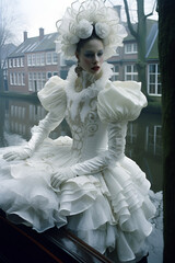 Girl can in white puffy dress with white gloves sits near a canal in Amsterdam. Large flounces of fabric. Houses in the background, river. Unusual white hat made of white flowers. - 658564806
