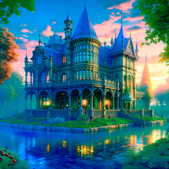 Fototapeta na wymiar Magic castle in the mist. Digital painting. Fantasy landscape. Illustration.