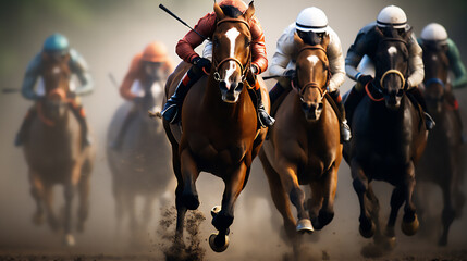 Horse Racing close up Photo. Sports, Horse racers. Ai generative.	
