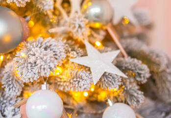 Christmas background. Christmas tree toy birdhouse on the New year tree. Copy space