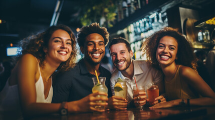Multiracial friends celebrating party drinking cocktails at bar restaurant - Young people having fun hanging out on weekend day - Life style concept with guys and girls enjoying time together - obrazy, fototapety, plakaty