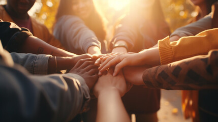 Obraz premium group of people holding hands in front of fireplace
