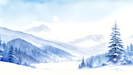 watercolor winter mountains landscape with pines and hills - obrazy, fototapety, plakaty
