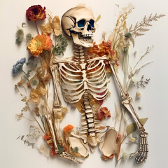 paper skeleton in collage technique. Dried Flowers and Skull. Creativity from paper. - 658565276