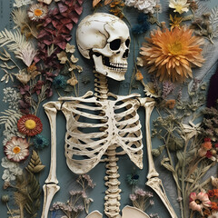 paper skeleton in collage technique. Dried Flowers and Skull. Creativity from paper. - 658565284