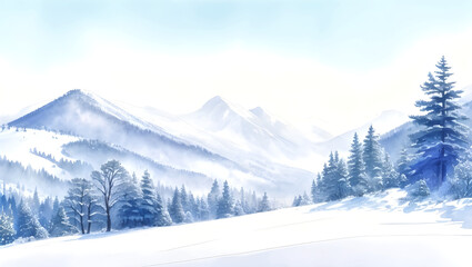 watercolor winter mountains landscape with pines and hills