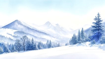 Fototapeta premium watercolor winter mountains landscape with pines and hills