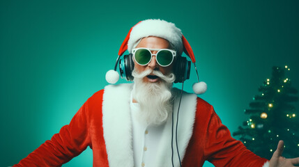 Nightclub invite on christmas party celebration funky crazy santa claus dj in white headset sing...