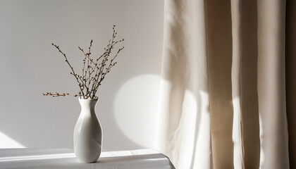 Aesthetic home interior decoration, white vase with branches on table, empty white wall, white linen curtain with sunlight shadows, lifestyle neutral elegant still life