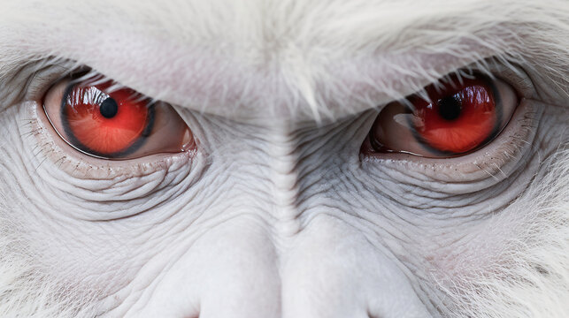 A close-up of the furious eyes of an albino gorilla
