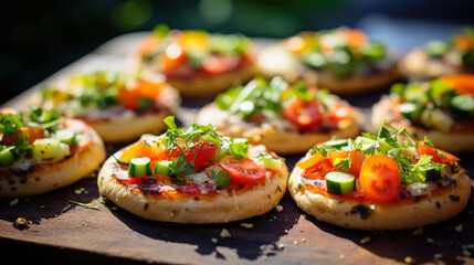 A scrumptious English muffin pizza: toasted muffin halves topped with rich tomato sauce, melted cheese, and your favorite toppings, a mini, cheesy delight. - obrazy, fototapety, plakaty