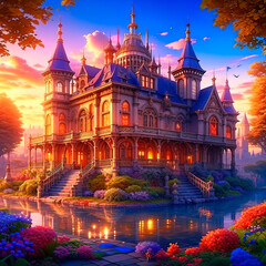 Obraz premium Magic castle in the mist. Digital painting. Fantasy landscape. Illustration.