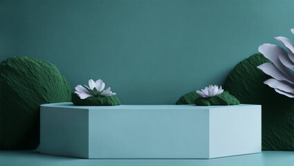 Minimalism White, light blue podium with flowers and green stones for product placement in Green direct light backdrop. Empty showcase for packaging product presentation. Background for cosmetics.