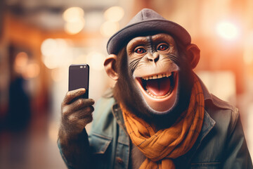 Monkey as happy tourist taking selfie on city street. He is dressed in casual clothes. Generative AI - obrazy, fototapety, plakaty