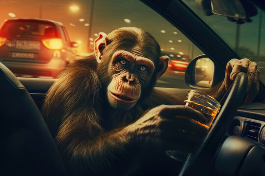 Drunk monkey as a man drives a car with a glass of beer. Road accident on night city street. Generative AI