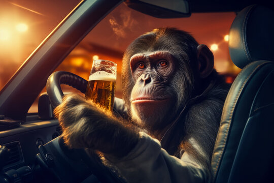 Drunk monkey as a man drinking beer while driving a car. Road accident on night city street. Generative AI