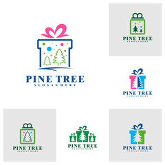 Set of Gift with Pine Tree logo design vector. Creative Pine Tree logo concepts template