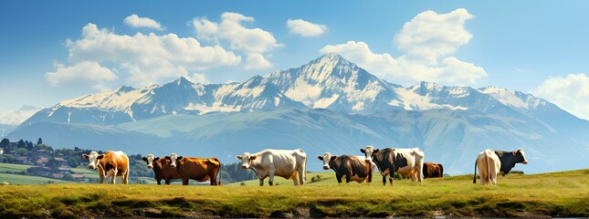 Wooden tabletop with cows on Alps mountain pasture background, in the style of bokeh panorama. Generative AI. - obrazy, fototapety, plakaty