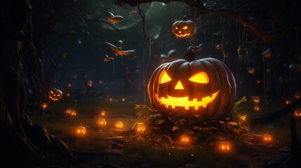 A pumpkin adorned with a swarm of ghostly fireflies, their soft glow illuminating the darkness with an eerie ambiance. 
