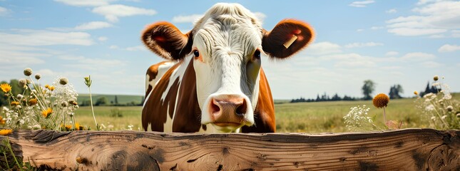 Cow portrait on bokeh panorama. Generative AI. - obrazy, fototapety, plakaty