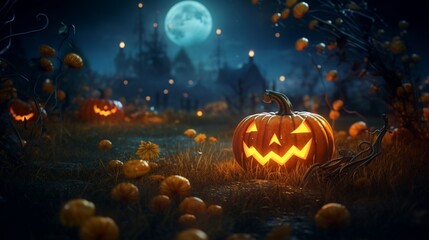 Fototapeta premium A pumpkin adorned with a swarm of ghostly fireflies, their soft glow illuminating the night with an eerie ambiance. 