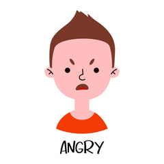 Angry child. The boy in a red shirt is expressing anger. Excitement and frown.