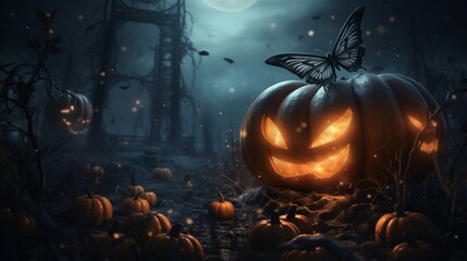Fototapeta premium A pumpkin adorned with a swarm of ghostly butterflies, their translucent wings fluttering softly in the moonlight. 