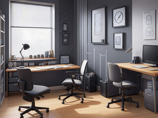 Office of business person modern room with 3d realistic vector interior background. Laptop rack...