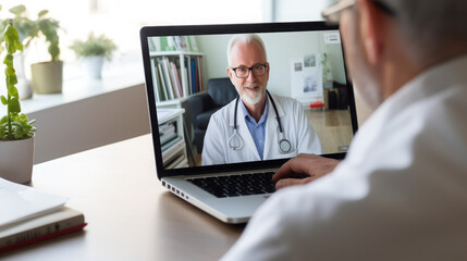 Fototapeta premium A patient video calls to inquire about medication use with the doctor via a laptop