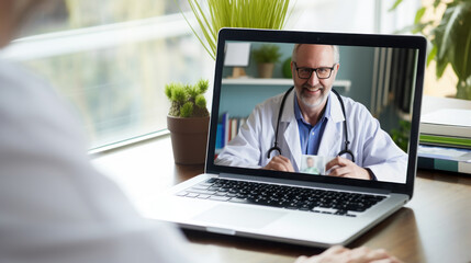 A patient video calls to inquire about medication use with the doctor via a laptop - obrazy, fototapety, plakaty