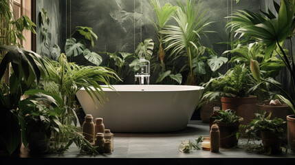 Fototapeta na wymiar Luxurious tropical style bathroom design idea with plants