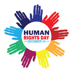 Human rights day design with colorful hands over white background. December 10. Vector illustration