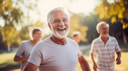 Elderly man exercising with friends in health park