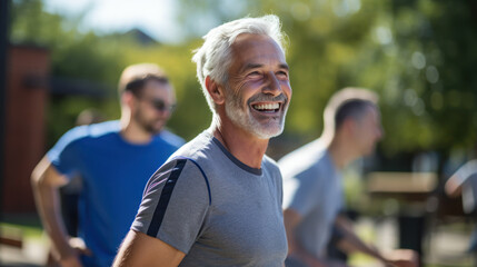 Elderly man exercising with friends in health park