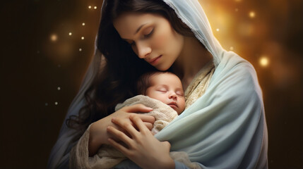 Portrait of Mary with baby Jesus in her arms. Nativity of Jesus. Christmas concept