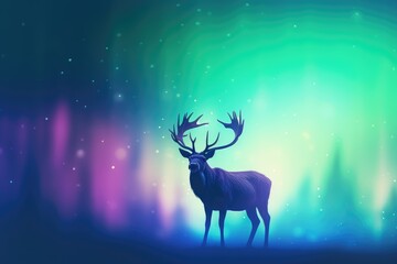 Reindeer Against Vibrant Northern Lights - Silhouette of a Lone Stag - AI Generated
